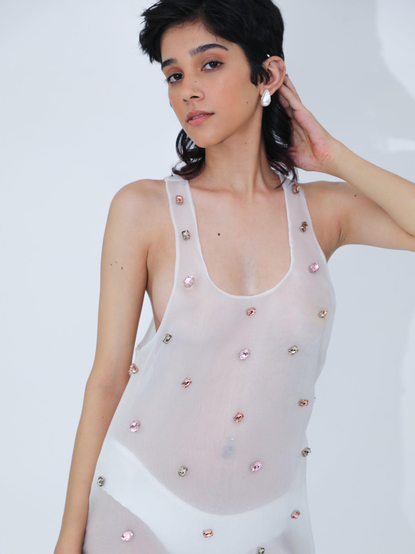 Faux Gems Organza Dress
